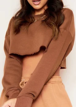 Airport Vibin'|Loungewear*Missy Empire Melanie Chocolate Raw Hem Crew Neck Cropped Sweater