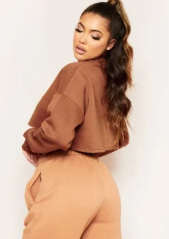 Airport Vibin'|Loungewear*Missy Empire Melanie Chocolate Raw Hem Crew Neck Cropped Sweater