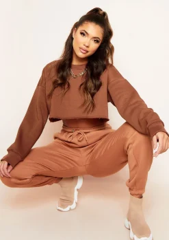 Airport Vibin'|Loungewear*Missy Empire Melanie Chocolate Raw Hem Crew Neck Cropped Sweater