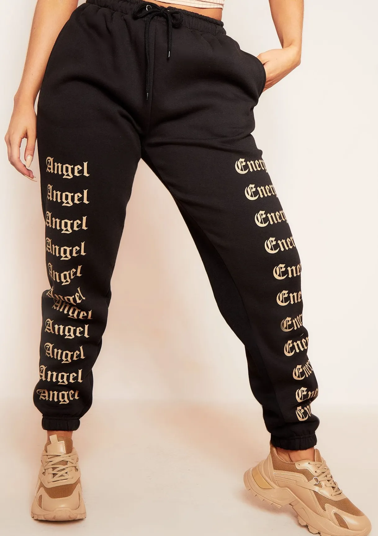 Airport Vibin'|Loungewear*Missy Empire Melila Black and Beige Angel Energy Slogan Joggers