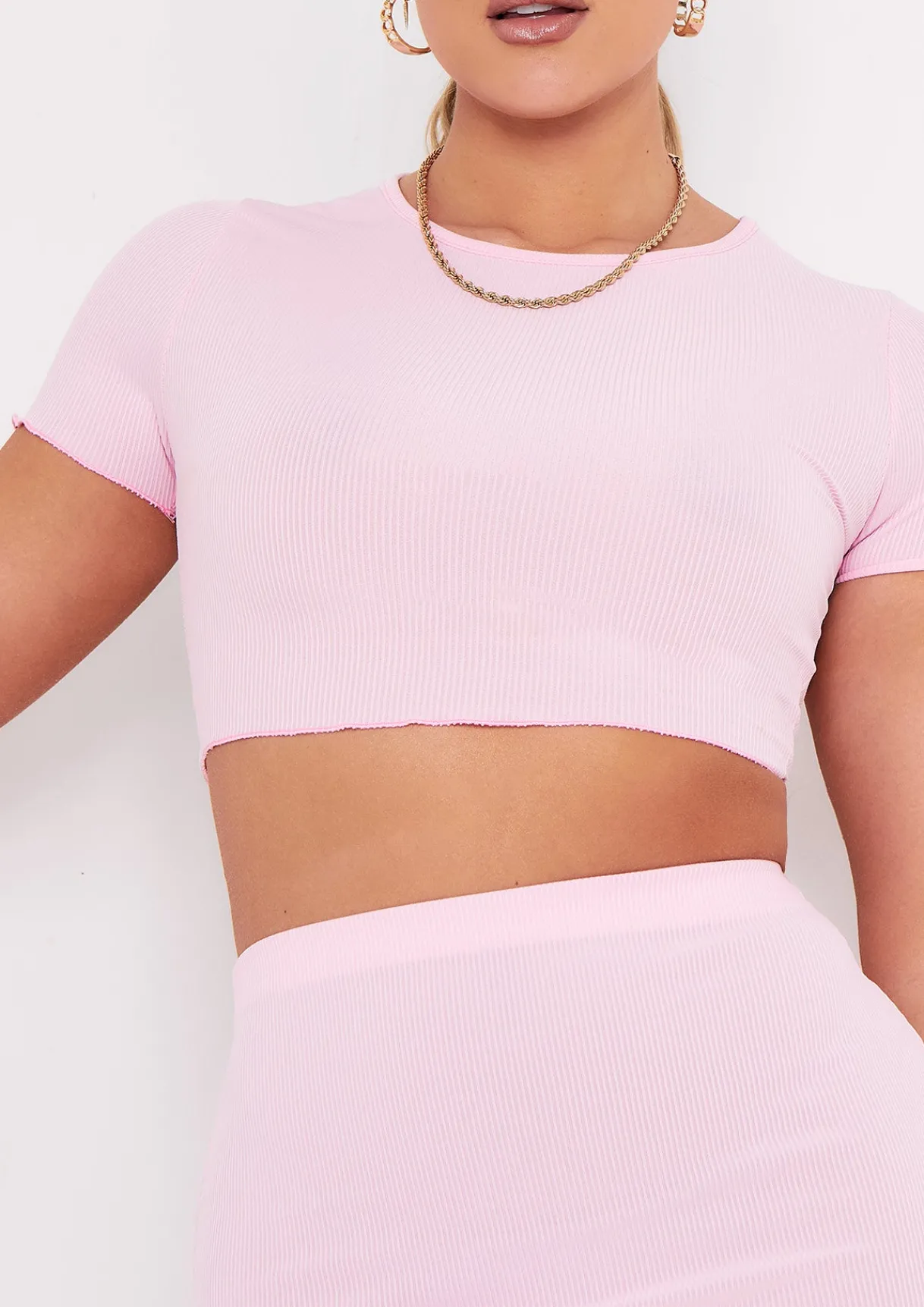Airport Vibin'|Tops*Missy Empire Melody Lettuce Edge Cropped T-shirt Baby Pink