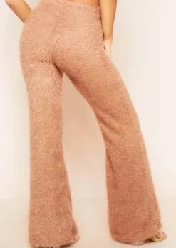 Trousers|Loungewear*Missy Empire Meya Tan Fluffy Knit Wide Leg Trousers