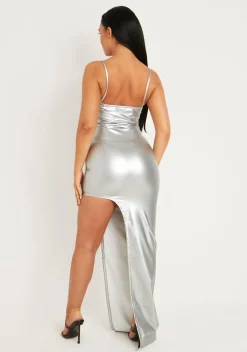 The Party Edit|Maxi Dresses*Missy Empire Mikayla Silver Leather Look Strappy Metallic Maxi Dress With Side Split