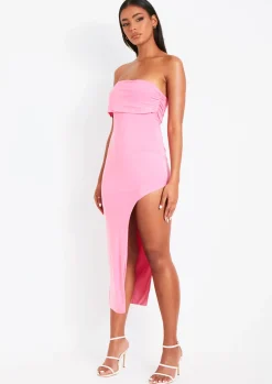 The Party Edit|Midi Dresses*Missy Empire Milana Pink Bardot One Shoulder Midi Dress With Slit