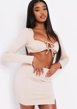 Tops|Co-Ords*Missy Empire Mina Beige Tie Up Cut Out Long Sleeve Crop Top