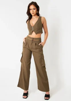 Trousers|Co-Ords*Missy Empire Morgan Khaki Cut Out Waist Straight Leg Cargo Trousers