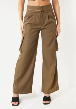 Trousers|Co-Ords*Missy Empire Morgan Khaki Cut Out Waist Straight Leg Cargo Trousers
