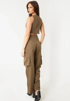 Trousers|Co-Ords*Missy Empire Morgan Khaki Cut Out Waist Straight Leg Cargo Trousers