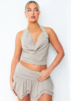 Tops|Co-Ords*Missy Empire Natalie Mocha Buckle Tie Halter Neck Cowl Top