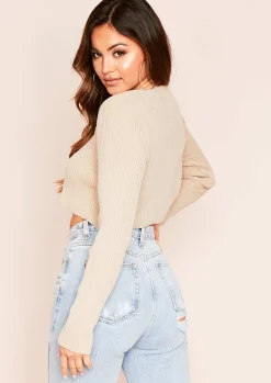 Knitwear*Missy Empire Nataly Ribbed Knit Tie Cropped Cardigan Stone