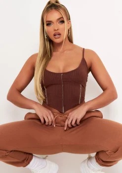 Tops*Missy Empire Natalya Rib Contrast Stitch Corset Top Chocolate