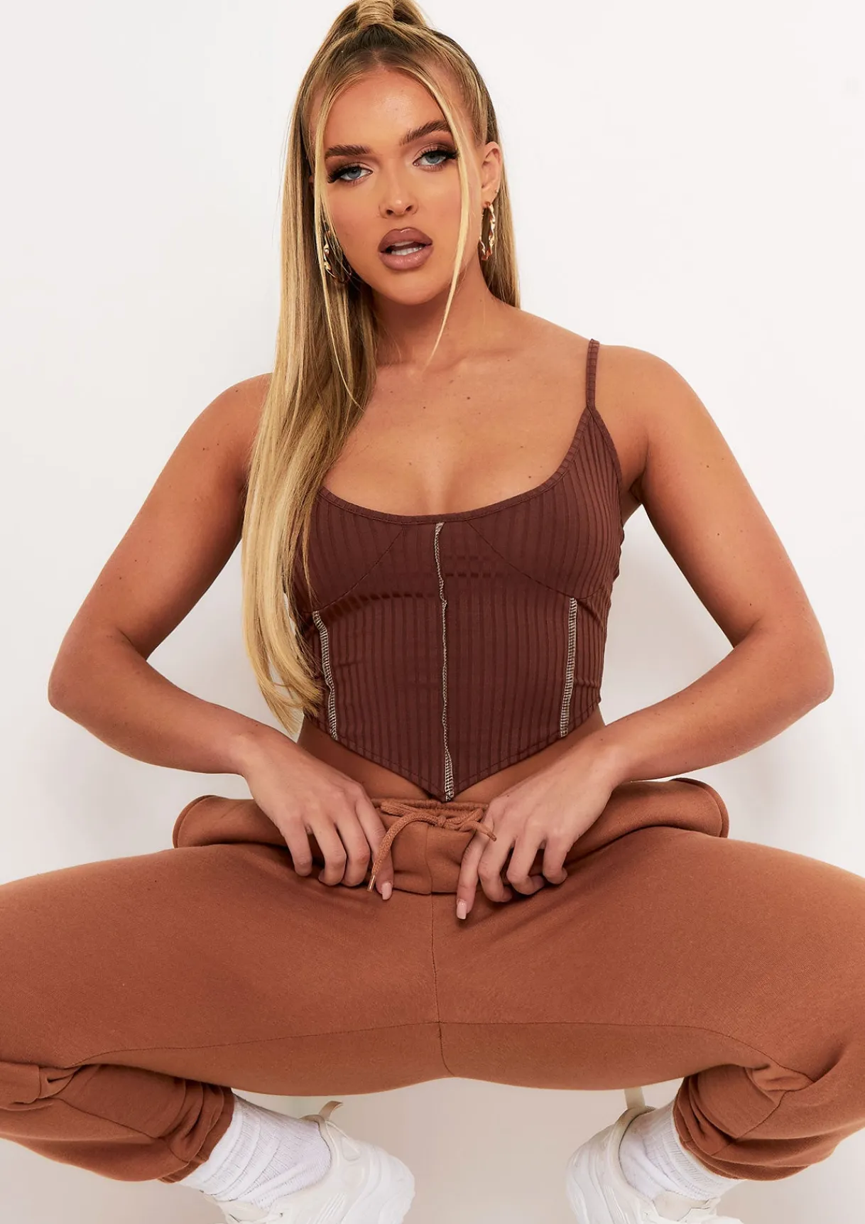 Tops*Missy Empire Natalya Rib Contrast Stitch Corset Top Chocolate