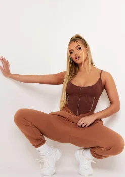 Tops*Missy Empire Natalya Rib Contrast Stitch Corset Top Chocolate