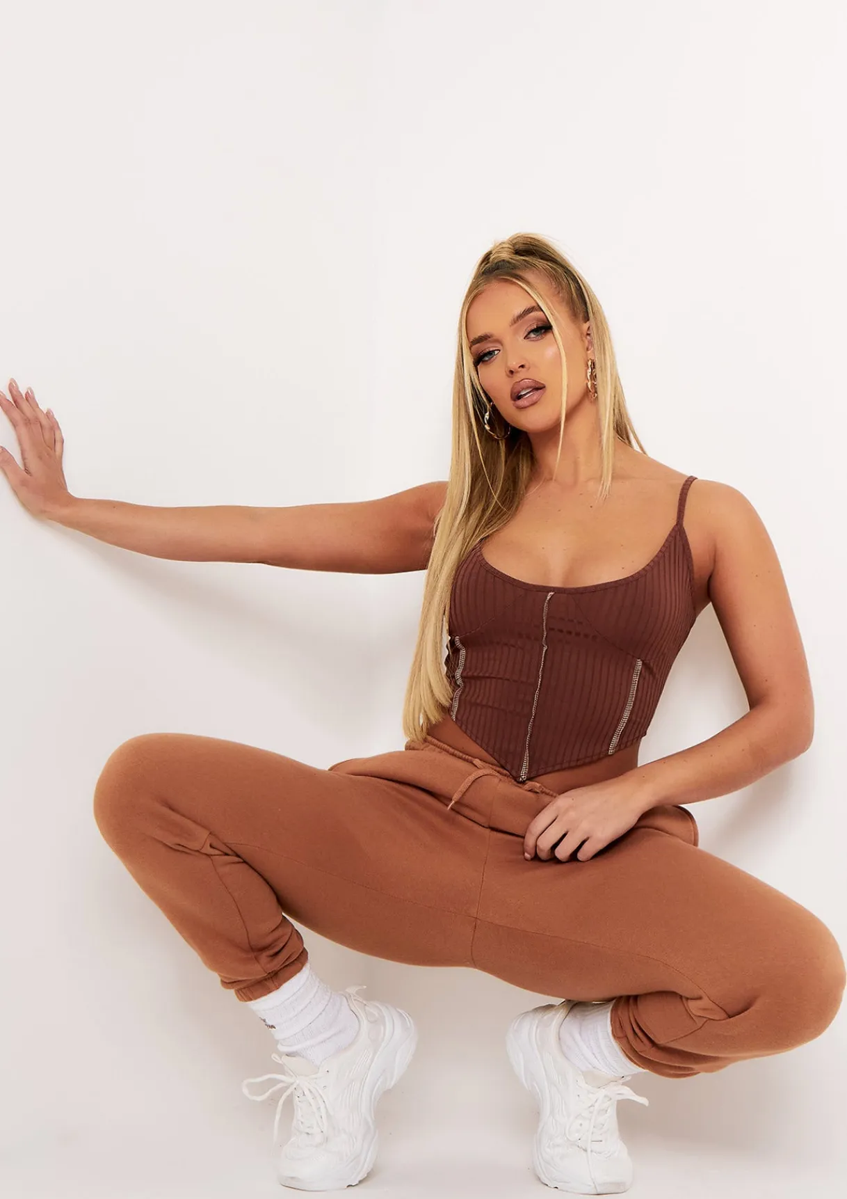 Tops*Missy Empire Natalya Rib Contrast Stitch Corset Top Chocolate