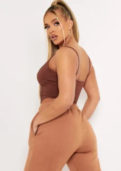 Tops*Missy Empire Natalya Rib Contrast Stitch Corset Top Chocolate