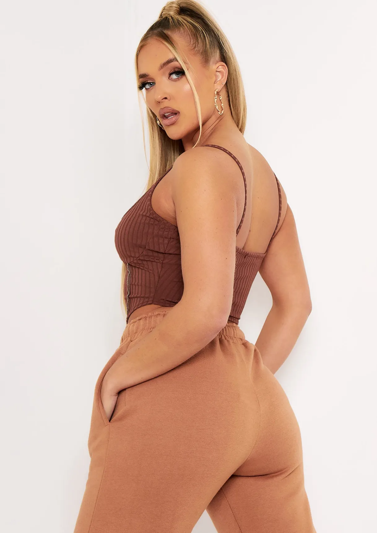 Tops*Missy Empire Natalya Rib Contrast Stitch Corset Top Chocolate