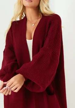 Loungewear|Knitwear*Missy Empire Nathalie Wine Balloon Sleeve Knitted Cardigan Red