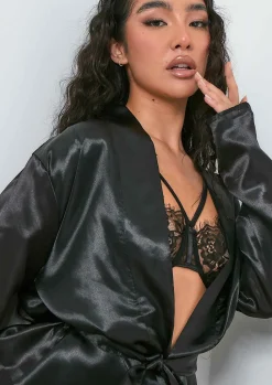 Nightwear|Lingerie*Missy Empire Neelam Satin Tie Waist Dressing Gown Black