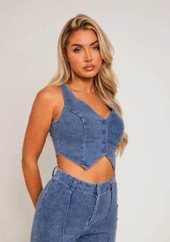 Tops|Denim*Missy Empire Nella Blue Denim Cropped Button-Up Waistcoat