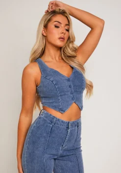 Tops|Denim*Missy Empire Nella Blue Denim Cropped Button-Up Waistcoat