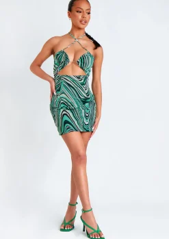 Rave Outfits|Mini Dresses*Missy Empire Nicola Green Printed Halter Neck Cut Out Mini Dress