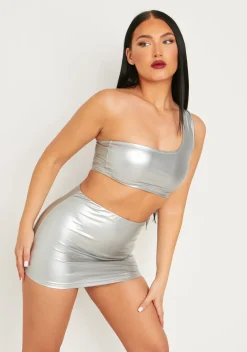 Rave Outfits|Tops*Missy Empire Nikita Silver Metallic One Shoulder Crop Top