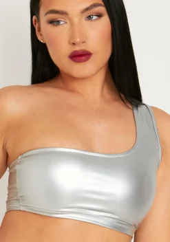Rave Outfits|Tops*Missy Empire Nikita Silver Metallic One Shoulder Crop Top