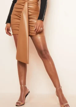 Skirts*Missy Empire Nina PU Ruched Draped Mini Skirt Camel
