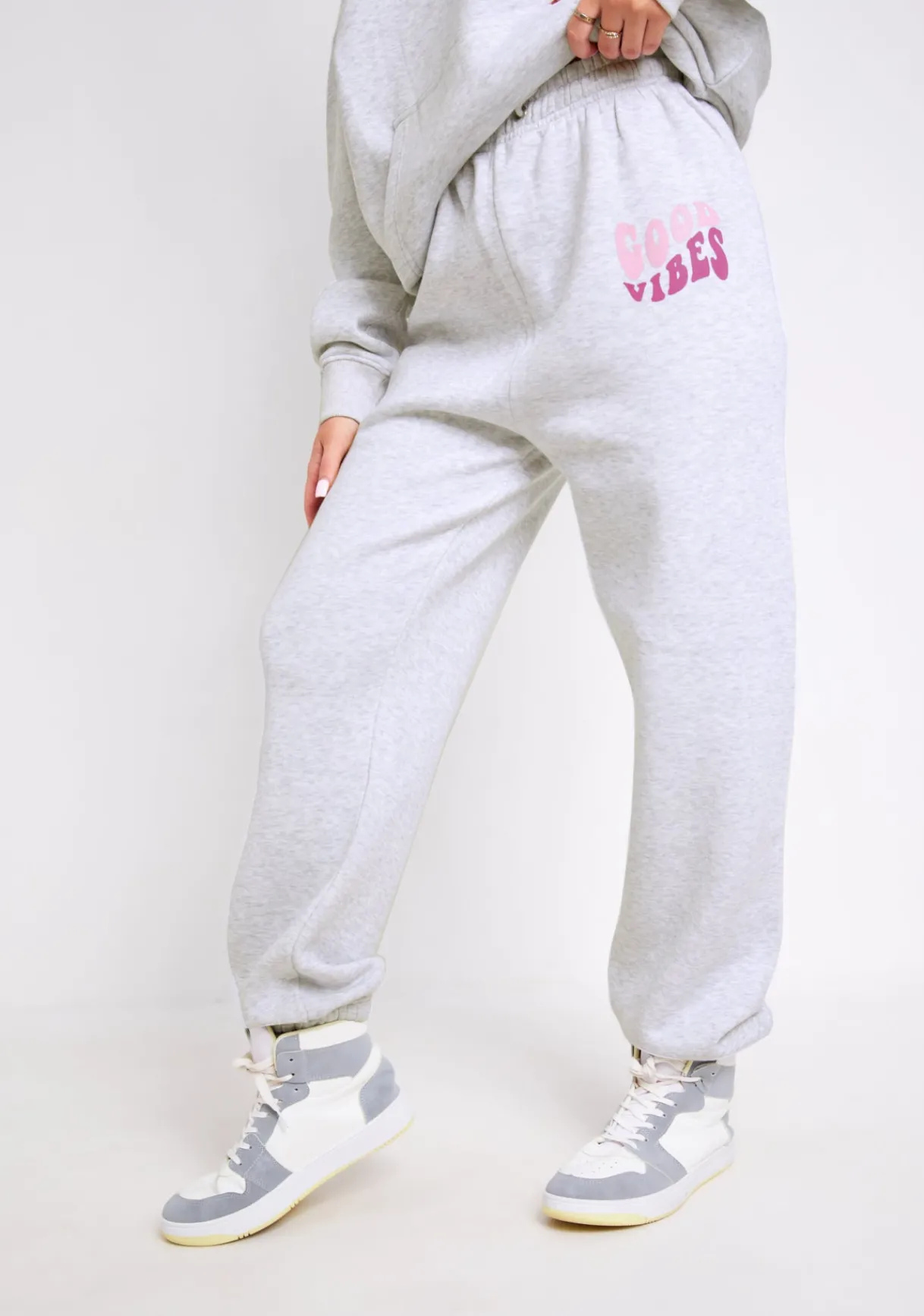 Airport Vibin'|Tracksuits*Missy Empire Nina Grey Marl Oversized Graphic Print Joggers