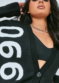 Airport Vibin'|Knitwear*Missy Empire Noella 1990 Varsity Print Knitted Cardigan Black