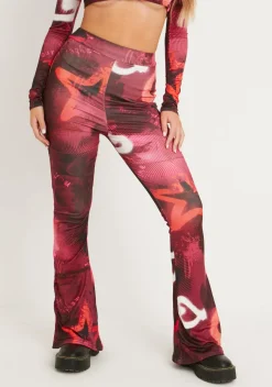 Rave Outfits|Trousers*Missy Empire Odette Graffiti Print Fla Trousers Red
