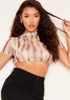 Tops*Missy Empire Olivia Brown Tye Dye Print Highneck Mesh Crop Top