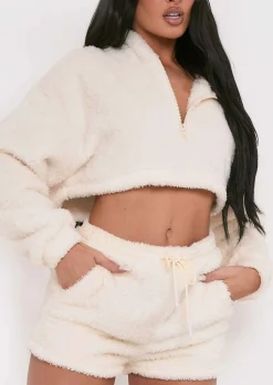 Nightwear|Loungewear*Missy Empire Olivia Cream Fluffy Teddy Borg Cropped Zip Up Hoodie