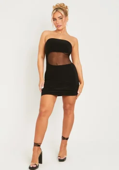 The Party Edit|Little Black Dresses*Missy Empire Ophelia Black Slinky Mesh Cut Out Bandeau Mini Dress