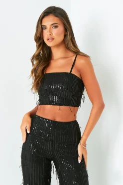 The Party Edit|Tops*Missy Empire Orla Black Tassel Sequin Crop Top