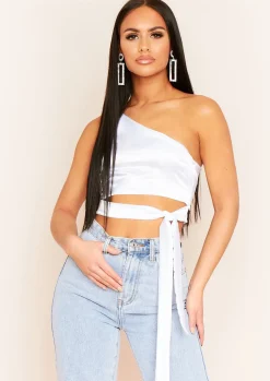 Tops*Missy Empire Ovidia One Shoulder Satin Crop Top White