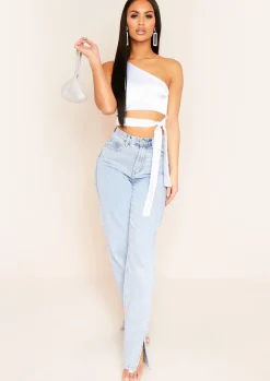 Tops*Missy Empire Ovidia One Shoulder Satin Crop Top White