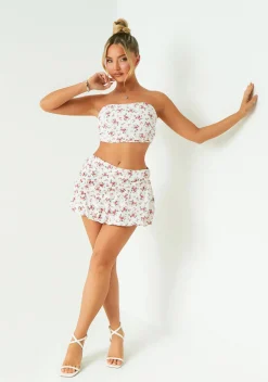 The Party Edit|Tops*Missy Empire Paige White Floral Printed Ruched Bandeau Top