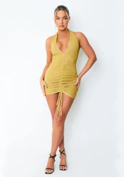 The Party Edit|Mini Dresses*Missy Empire Paris Gold Glitter Plunge Ruched Mini Dress