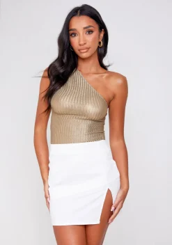 The Party Edit|Bodysuits*Missy Empire Penny Gold Textured One Shoulder Bodysuit