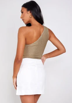 The Party Edit|Bodysuits*Missy Empire Penny Gold Textured One Shoulder Bodysuit