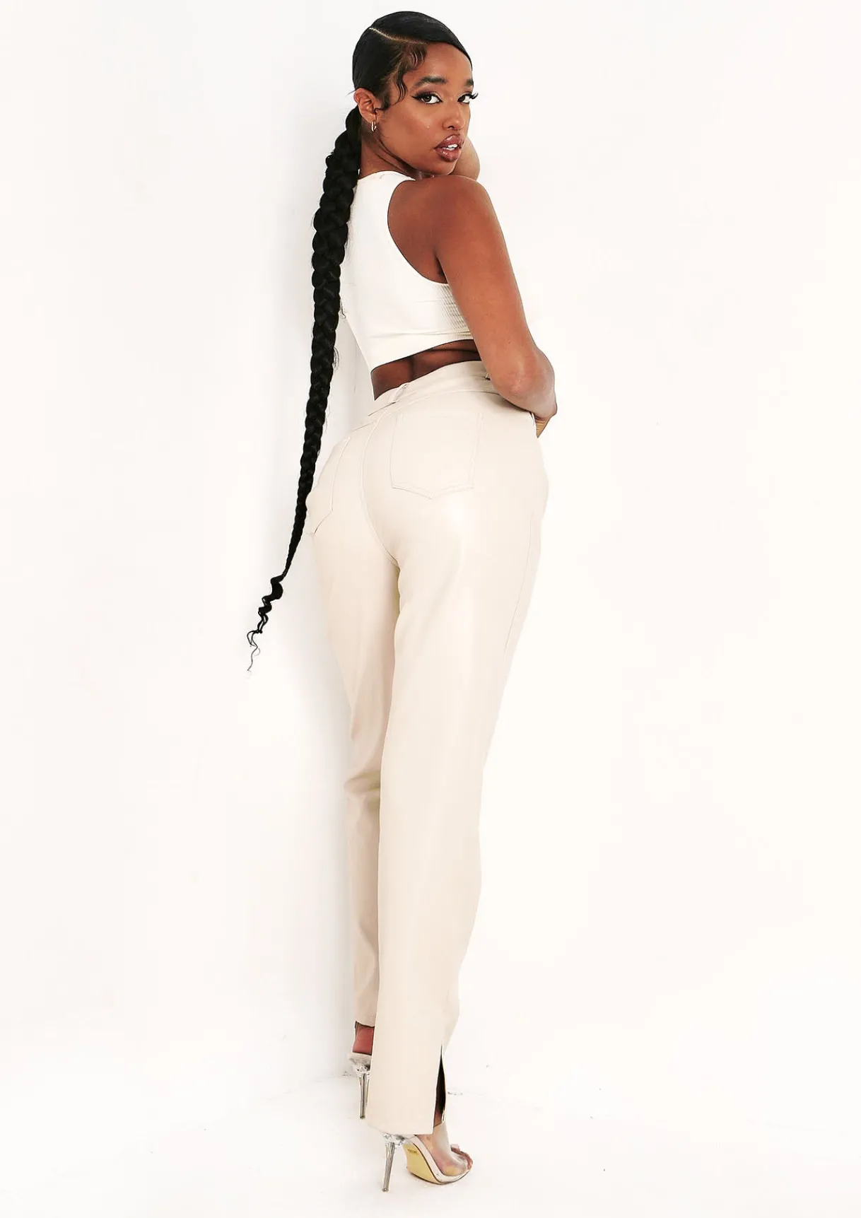 Trousers*Missy Empire Perrie Faux Leather Straight Leg Split Detail Trousers Stone