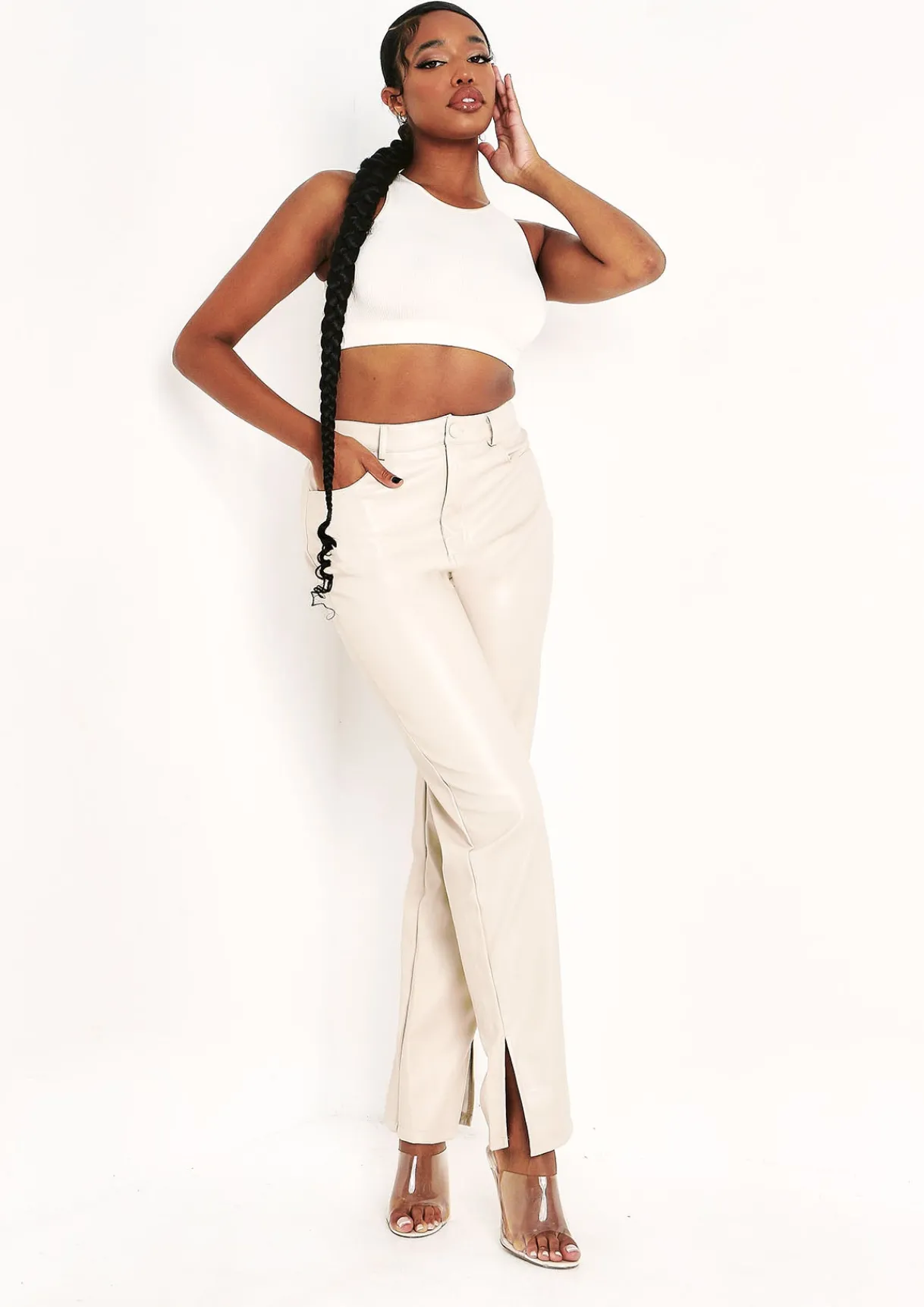 Trousers*Missy Empire Perrie Faux Leather Straight Leg Split Detail Trousers Stone