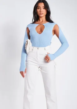 Tops|Bodysuits*Missy Empire Phoebe Blue Cut Out Detail Knitted Bodysuit