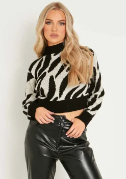Knitwear*Missy Empire Polly Black And White Swirl Print High Neck Cropped Jumper