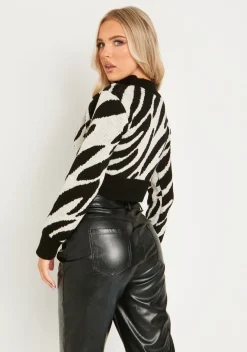 Knitwear*Missy Empire Polly Black And White Swirl Print High Neck Cropped Jumper