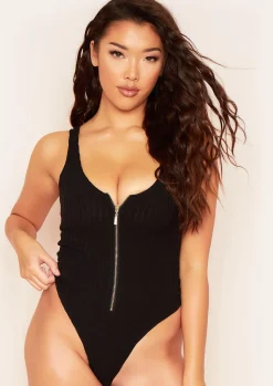 Airport Vibin'|Tops*Missy Empire Psalm Plunge Zip Ribbed Bodysuit Black