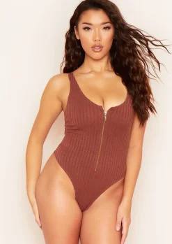 Tops|Bodysuits*Missy Empire Psalm Plunge Zip Ribbed Bodysuit Brown