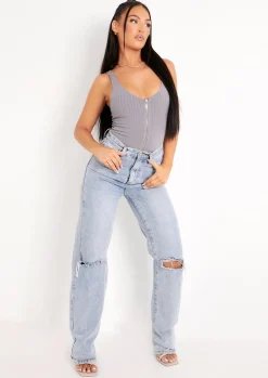 Tops|Bodysuits*Missy Empire Psalm Plunge Zip Ribbed Bodysuit Grey