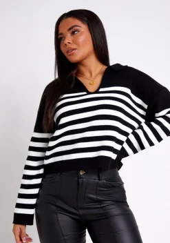 Knitwear*Missy Empire Raina & White Stripe Collared Knitted Jumper Black